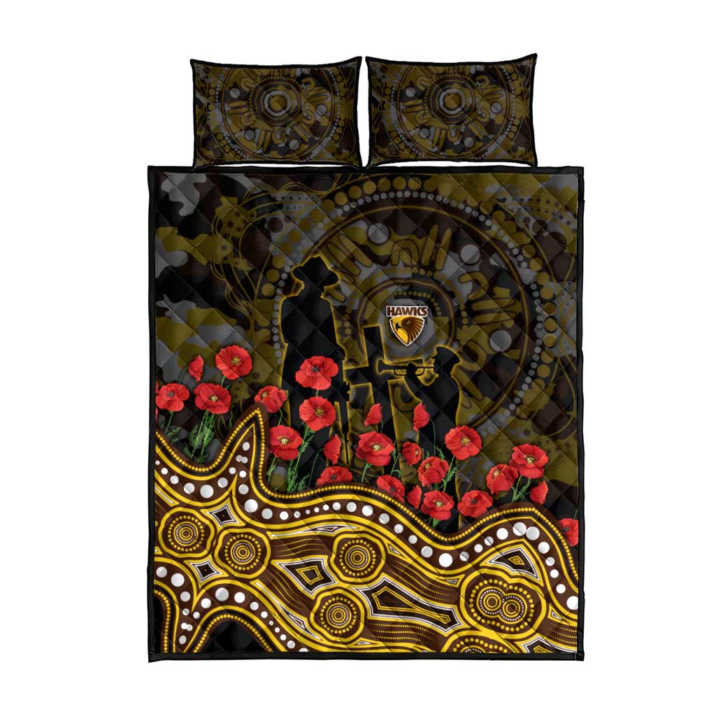 Hawthorn Hawks ANZAC Day Quilt Bed Set Indigenous Dot Art with Poppy Flower Tribute