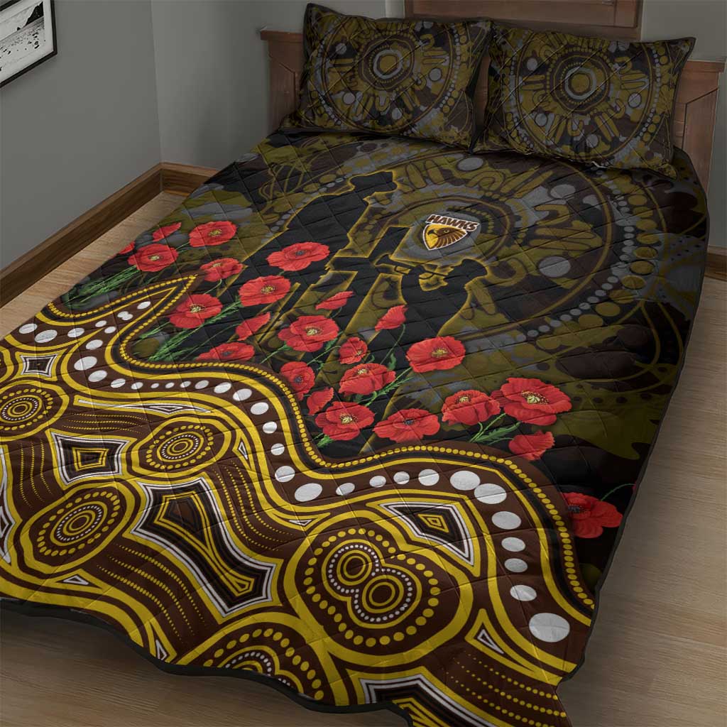 Hawthorn Hawks ANZAC Day Quilt Bed Set Indigenous Dot Art with Poppy Flower Tribute