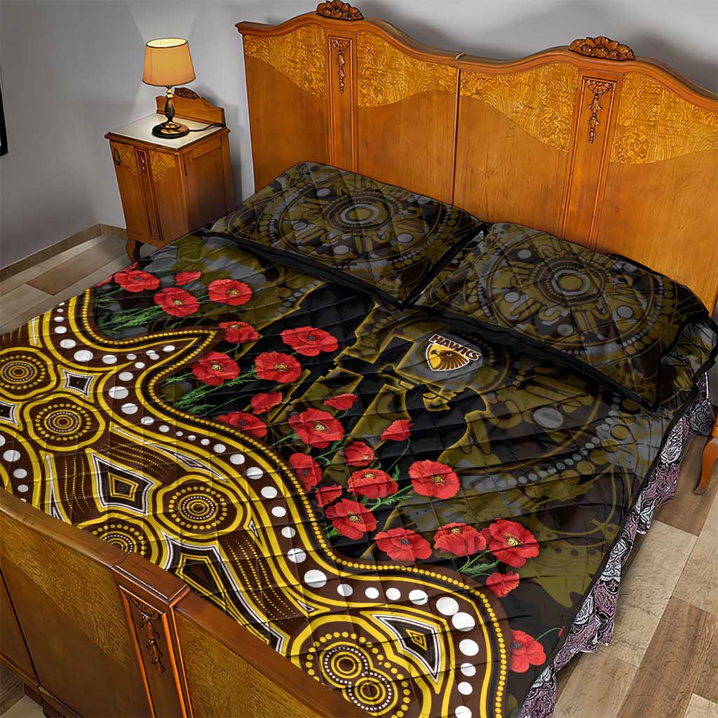 Hawthorn Hawks ANZAC Day Quilt Bed Set Indigenous Dot Art with Poppy Flower Tribute