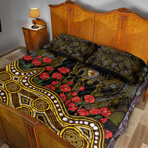 Hawthorn Hawks ANZAC Day Quilt Bed Set Indigenous Dot Art with Poppy Flower Tribute