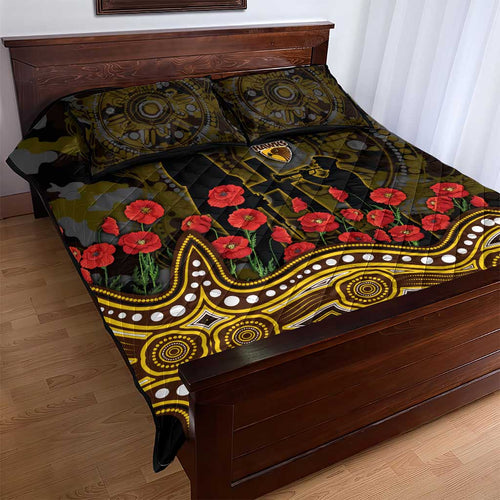 Hawthorn Hawks ANZAC Day Quilt Bed Set Indigenous Dot Art with Poppy Flower Tribute
