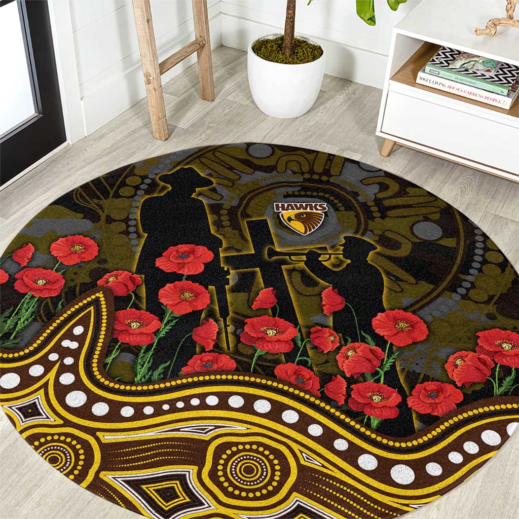 Hawthorn Hawks ANZAC Day Round Carpet Indigenous Dot Art with Poppy Flower Tribute