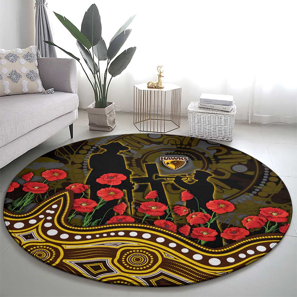 Hawthorn Hawks ANZAC Day Round Carpet Indigenous Dot Art with Poppy Flower Tribute