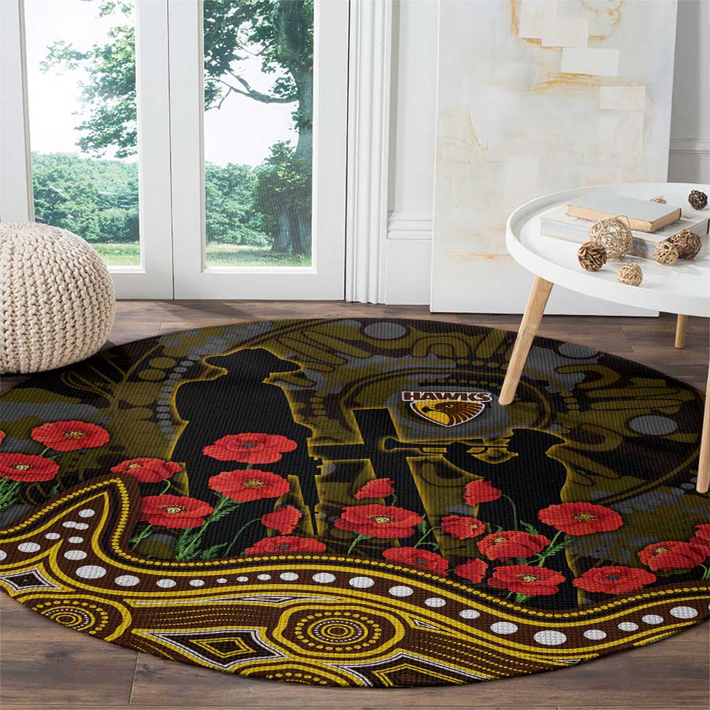 Hawthorn Hawks ANZAC Day Round Carpet Indigenous Dot Art with Poppy Flower Tribute