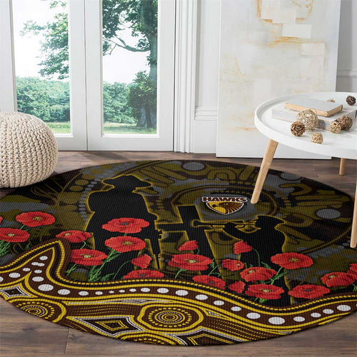 Hawthorn Hawks ANZAC Day Round Carpet Indigenous Dot Art with Poppy Flower Tribute