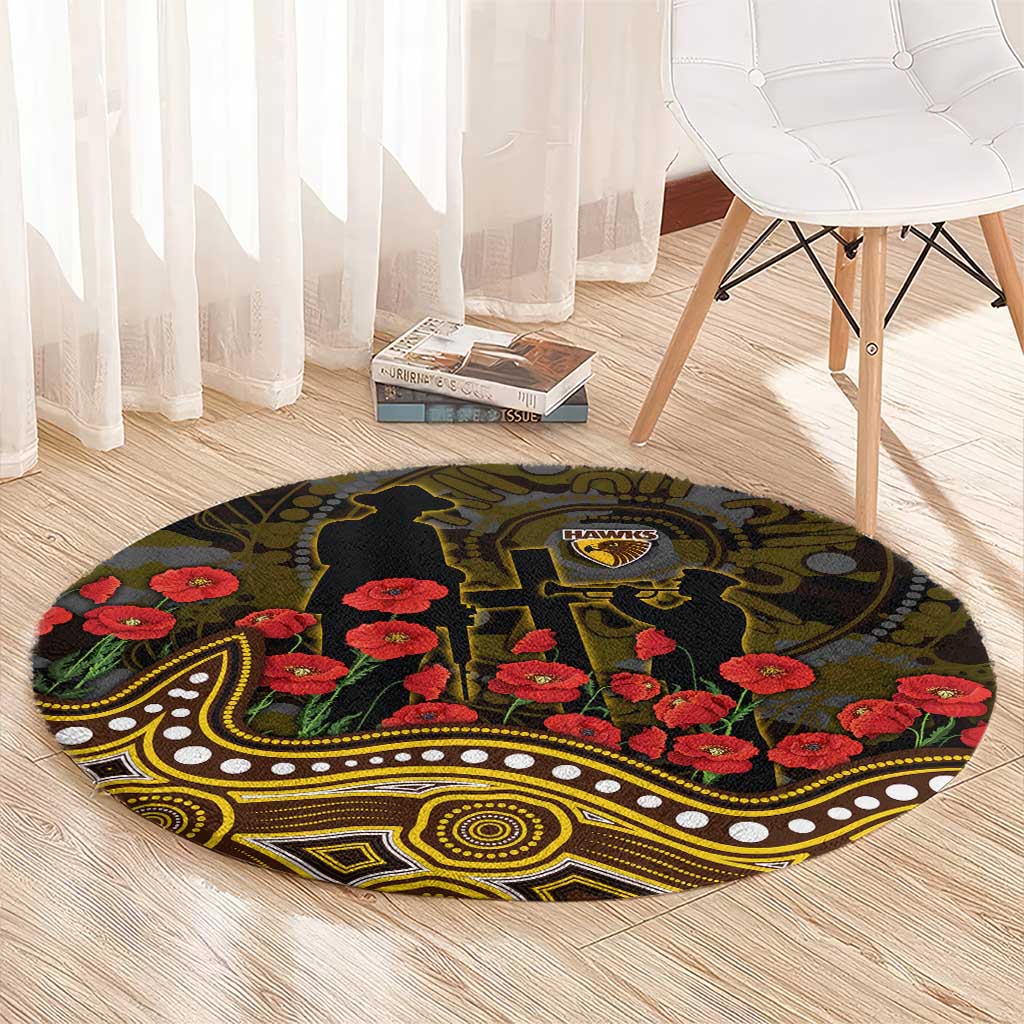 Hawthorn Hawks ANZAC Day Round Carpet Indigenous Dot Art with Poppy Flower Tribute