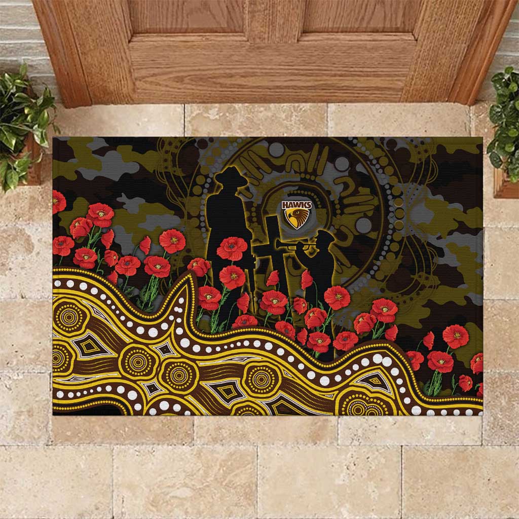 Hawthorn Hawks ANZAC Day Rubber Doormat Indigenous Dot Art with Poppy Flower Tribute