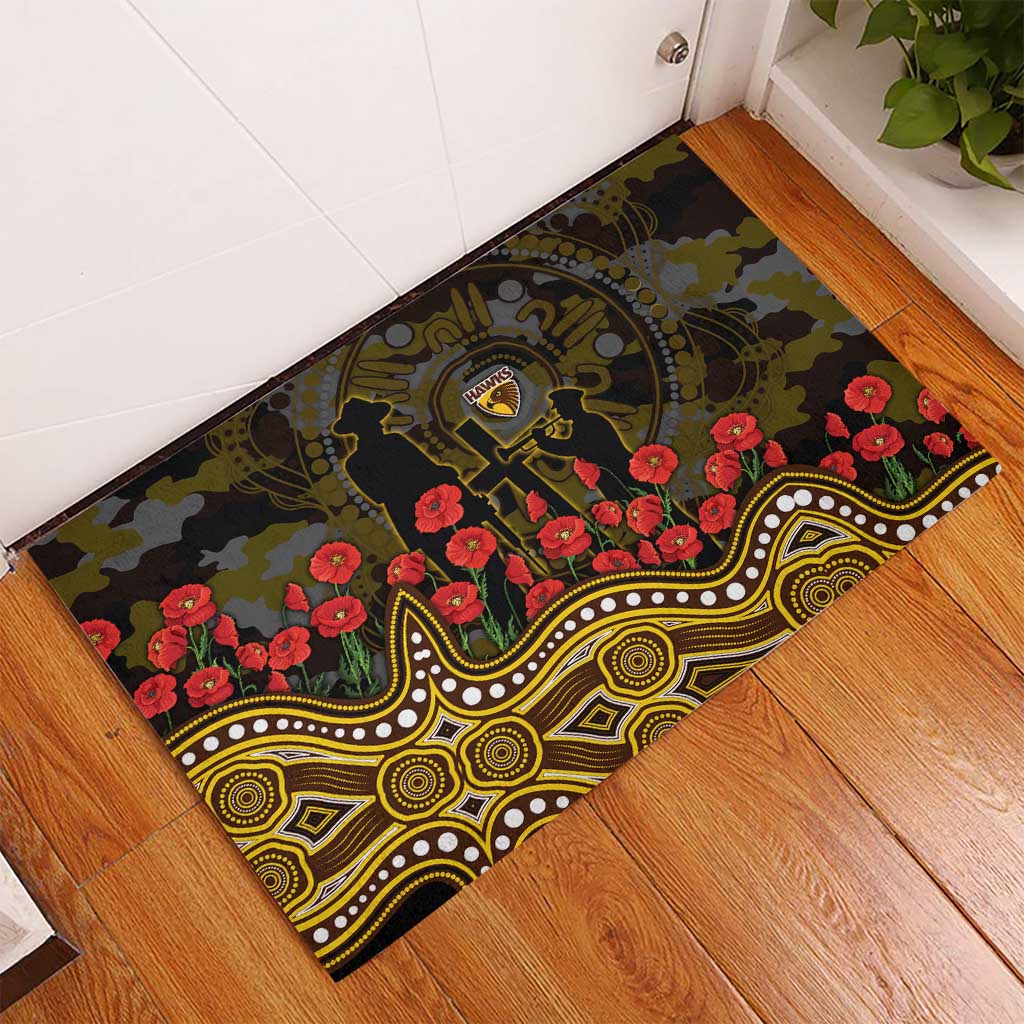 Hawthorn Hawks ANZAC Day Rubber Doormat Indigenous Dot Art with Poppy Flower Tribute