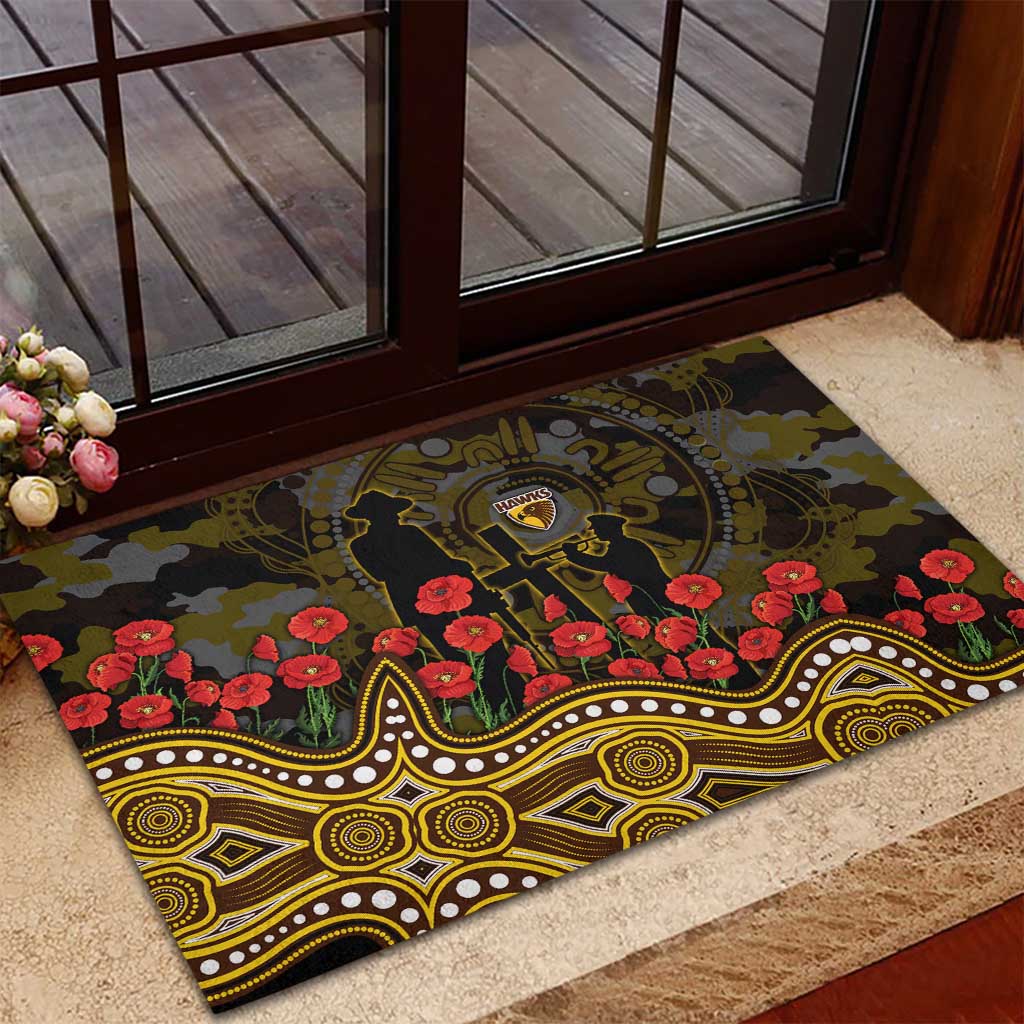 Hawthorn Hawks ANZAC Day Rubber Doormat Indigenous Dot Art with Poppy Flower Tribute