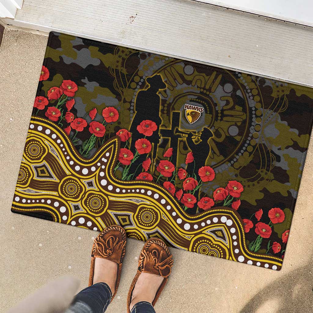 Hawthorn Hawks ANZAC Day Rubber Doormat Indigenous Dot Art with Poppy Flower Tribute