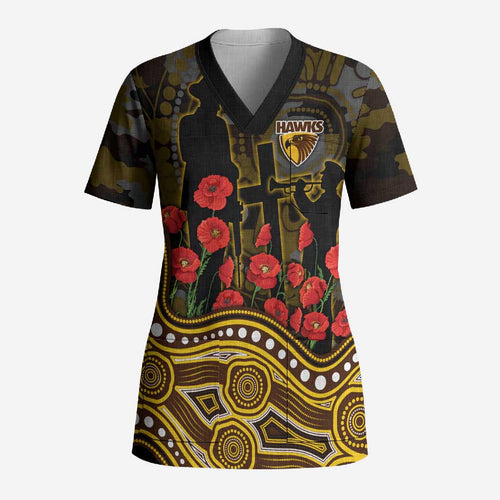 Hawthorn Hawks ANZAC Day Scrub Top Indigenous Dot Art with Poppy Flower Tribute