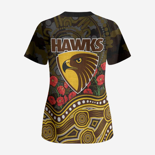 Hawthorn Hawks ANZAC Day Scrub Top Indigenous Dot Art with Poppy Flower Tribute