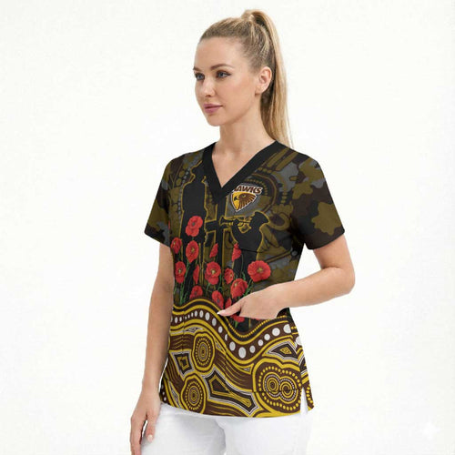Hawthorn Hawks ANZAC Day Scrub Top Indigenous Dot Art with Poppy Flower Tribute