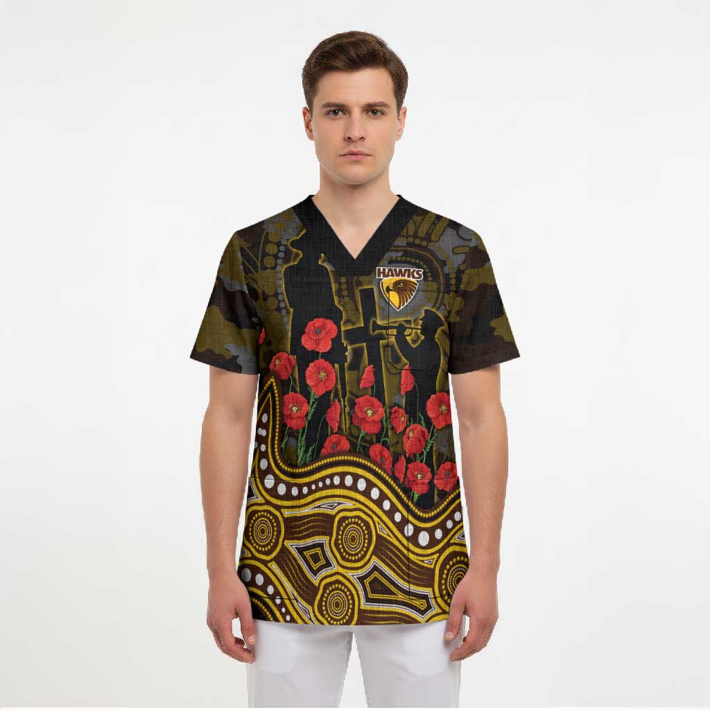 Hawthorn Hawks ANZAC Day Scrub Top Indigenous Dot Art with Poppy Flower Tribute