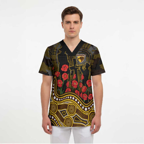 Hawthorn Hawks ANZAC Day Scrub Top Indigenous Dot Art with Poppy Flower Tribute