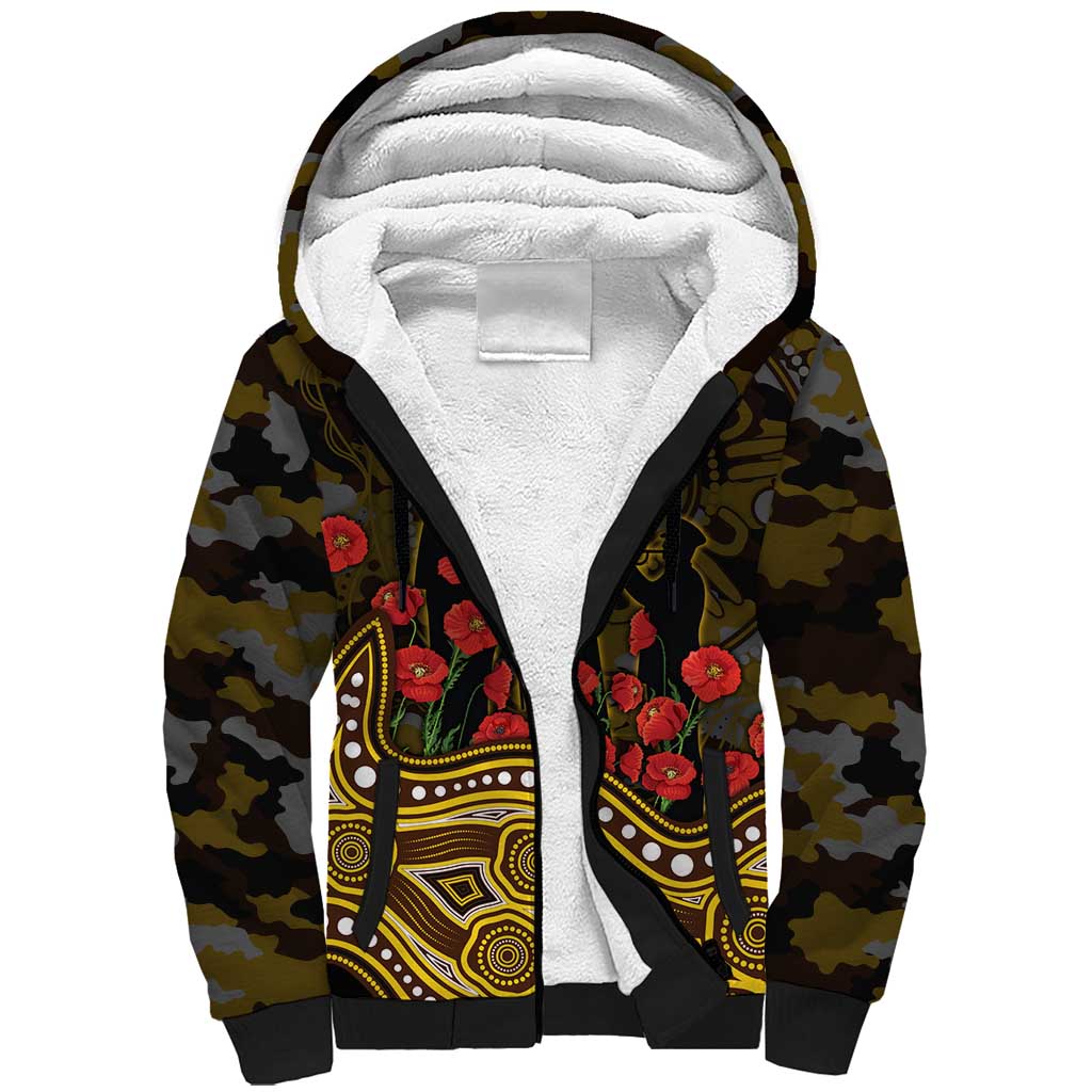 Hawthorn Hawks ANZAC Day Sherpa Hoodie Indigenous Dot Art with Poppy Flower Tribute
