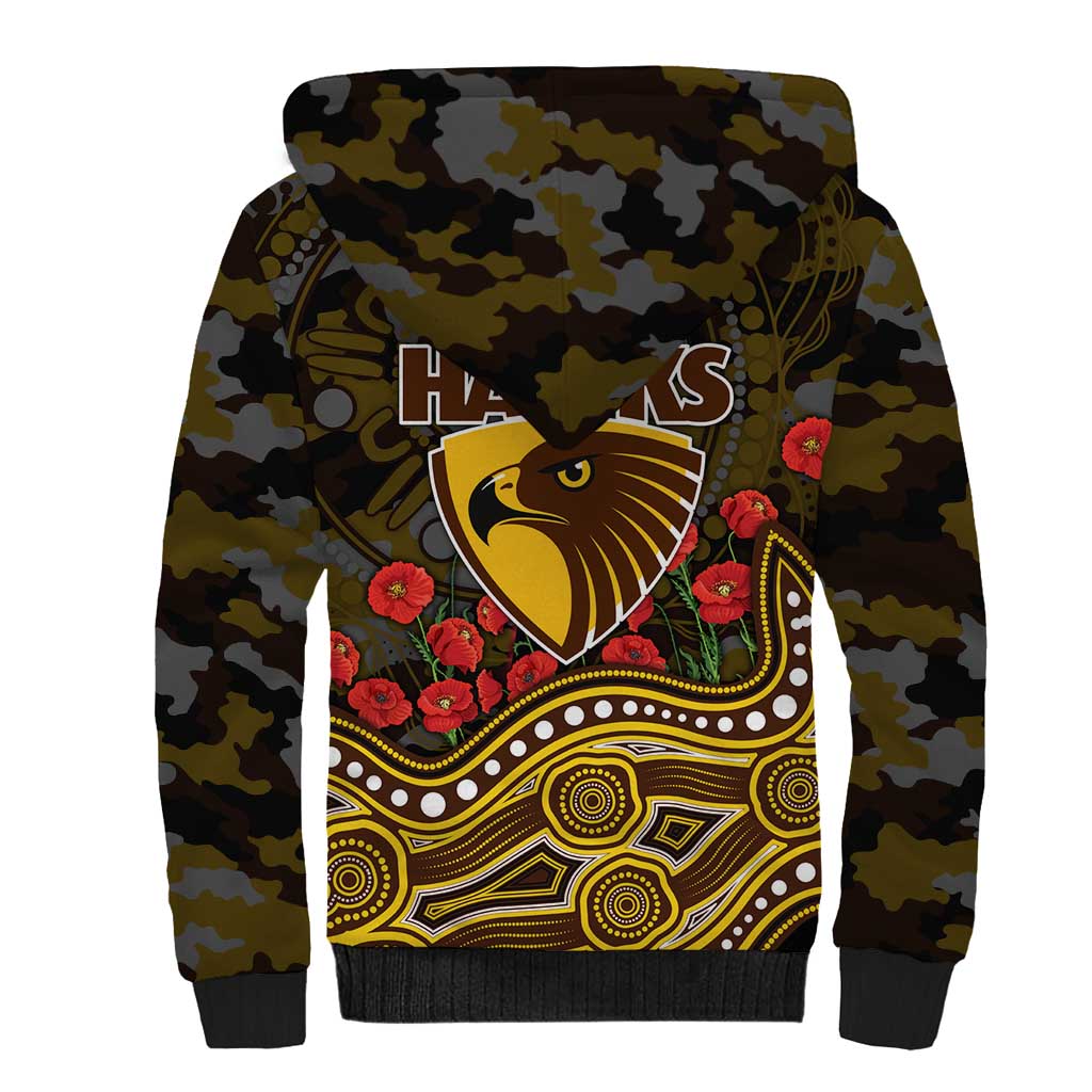Hawthorn Hawks ANZAC Day Sherpa Hoodie Indigenous Dot Art with Poppy Flower Tribute