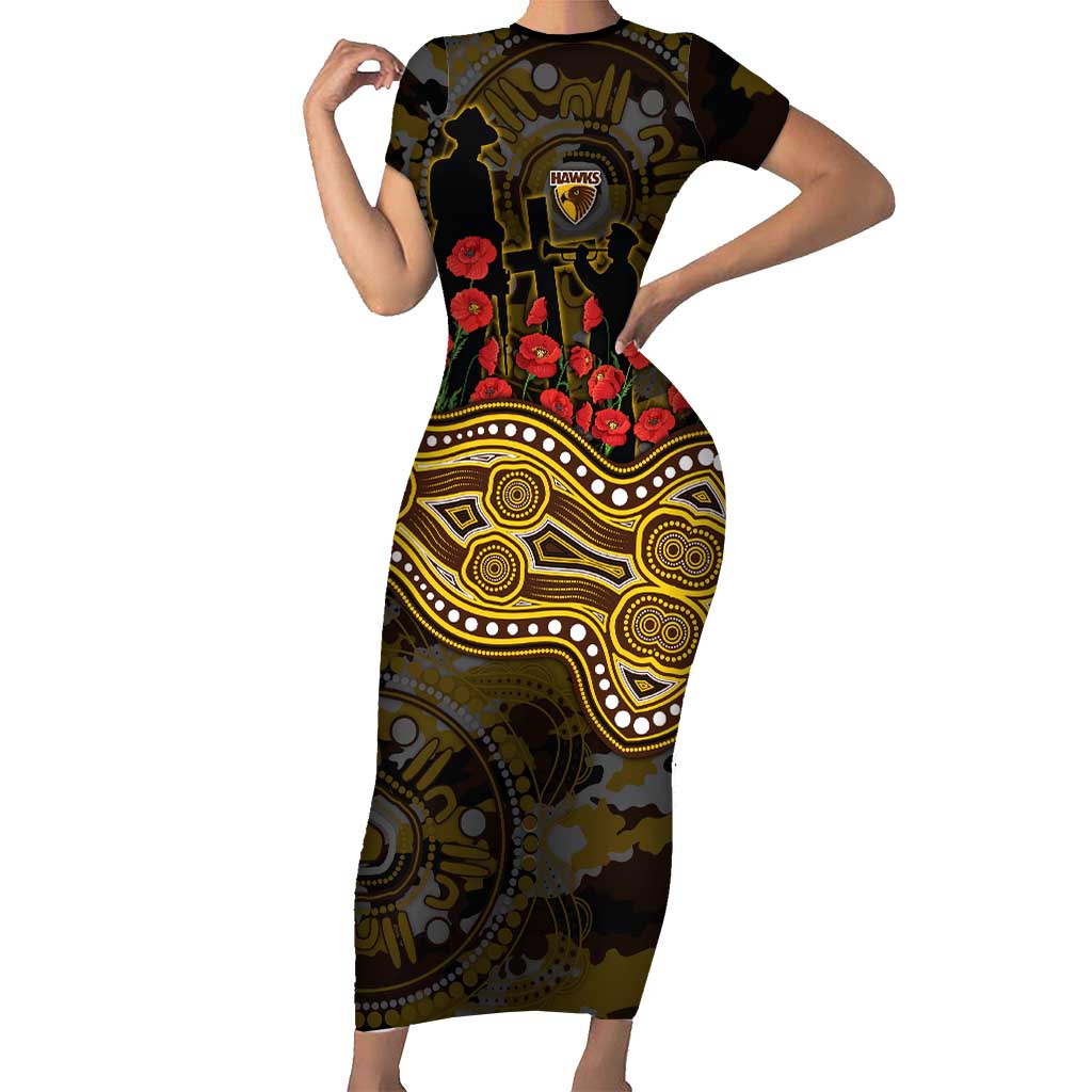 Hawthorn Hawks ANZAC Day Short Sleeve Bodycon Dress Indigenous Dot Art with Poppy Flower Tribute