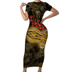 Hawthorn Hawks ANZAC Day Short Sleeve Bodycon Dress Indigenous Dot Art with Poppy Flower Tribute