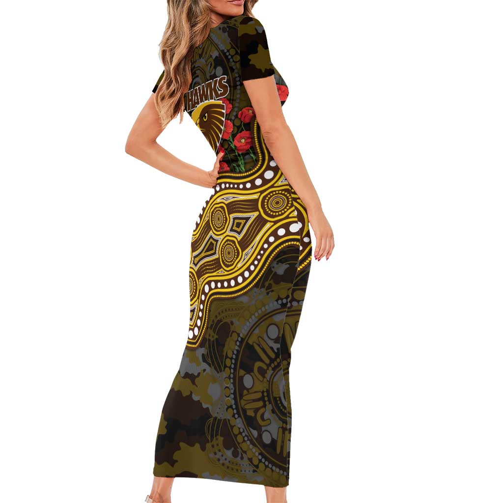 Hawthorn Hawks ANZAC Day Short Sleeve Bodycon Dress Indigenous Dot Art with Poppy Flower Tribute