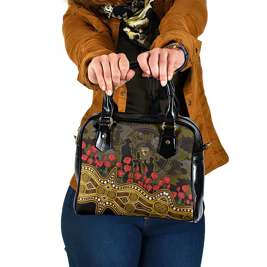 Hawthorn Hawks ANZAC Day Shoulder Handbag Indigenous Dot Art with Poppy Flower Tribute
