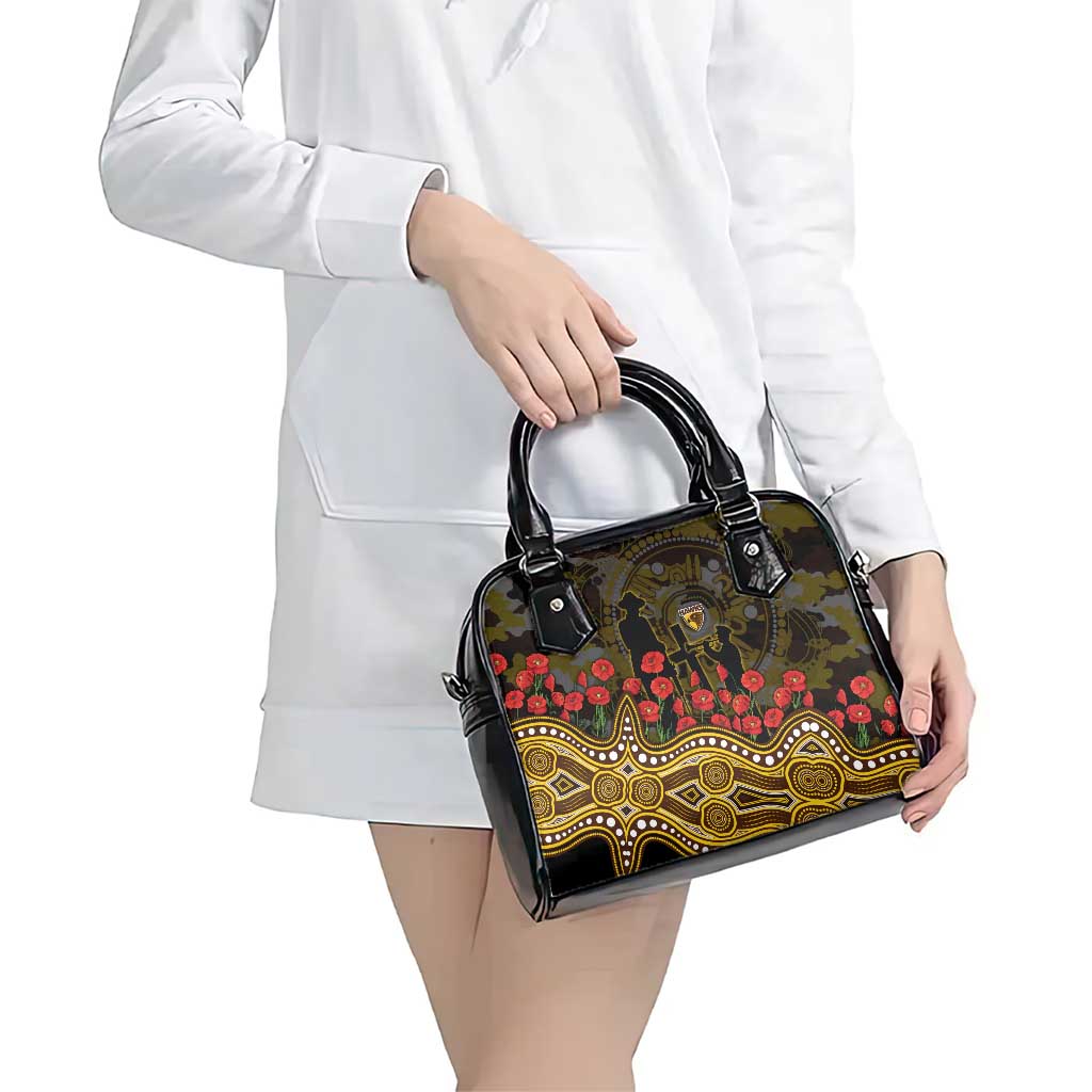 Hawthorn Hawks ANZAC Day Shoulder Handbag Indigenous Dot Art with Poppy Flower Tribute