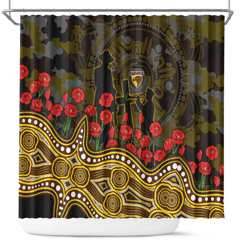 Hawthorn Hawks ANZAC Day Shower Curtain Indigenous Dot Art with Poppy Flower Tribute