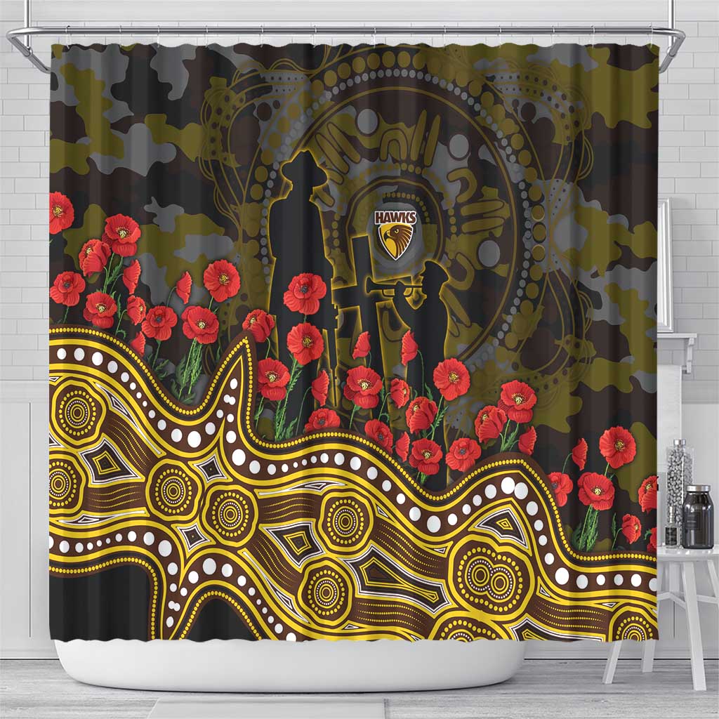 Hawthorn Hawks ANZAC Day Shower Curtain Indigenous Dot Art with Poppy Flower Tribute