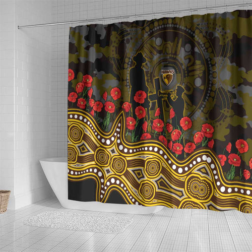 Hawthorn Hawks ANZAC Day Shower Curtain Indigenous Dot Art with Poppy Flower Tribute