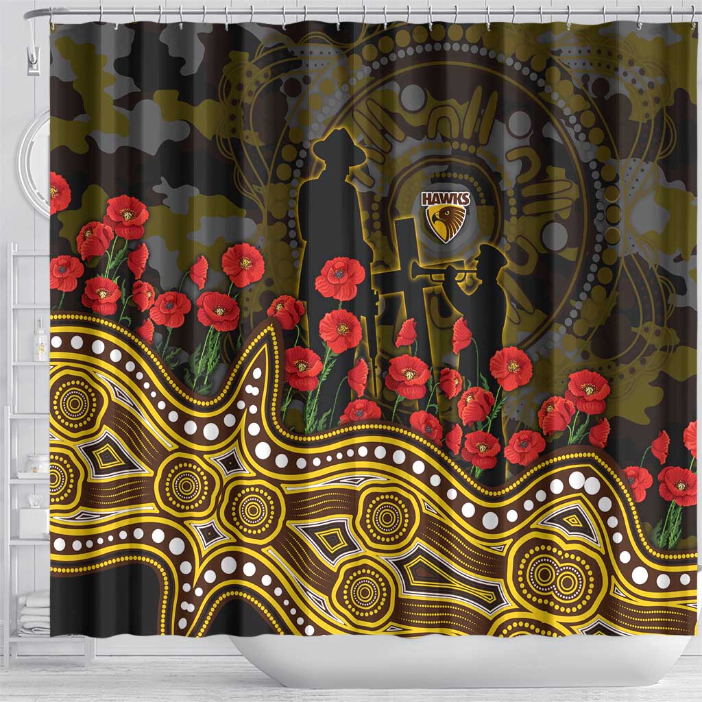 Hawthorn Hawks ANZAC Day Shower Curtain Indigenous Dot Art with Poppy Flower Tribute