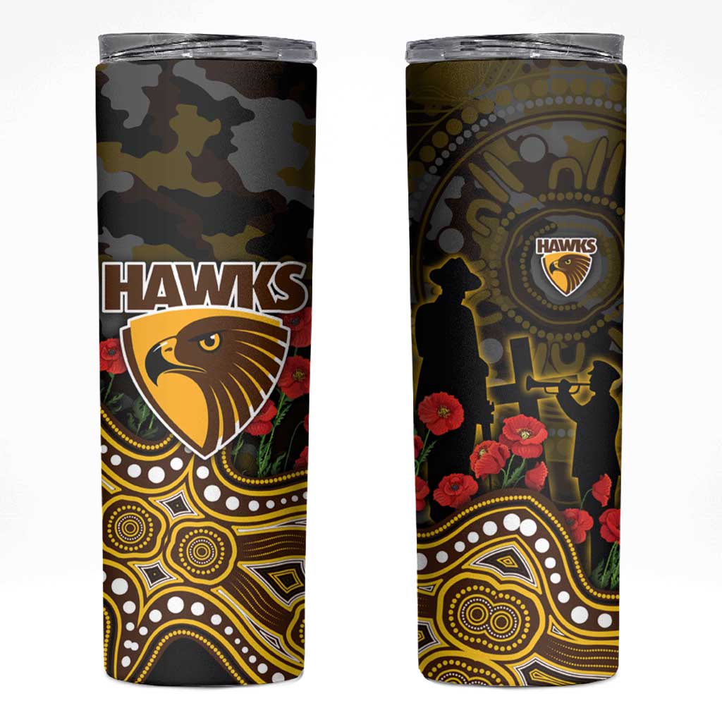 Hawthorn Hawks ANZAC Day Skinny Tumbler Indigenous Dot Art with Poppy Flower Tribute
