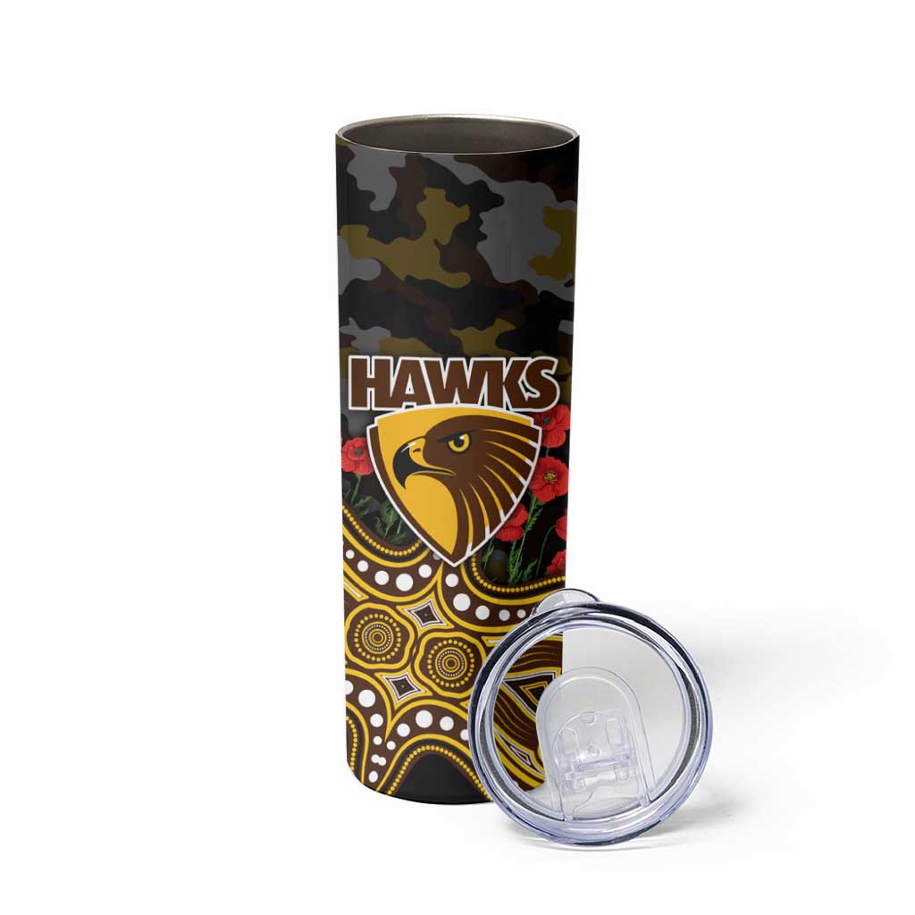 Hawthorn Hawks ANZAC Day Skinny Tumbler Indigenous Dot Art with Poppy Flower Tribute