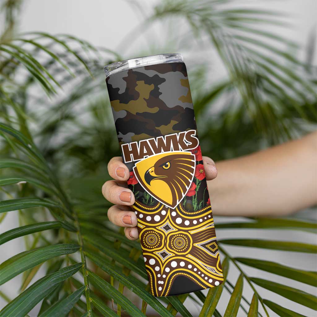 Hawthorn Hawks ANZAC Day Skinny Tumbler Indigenous Dot Art with Poppy Flower Tribute