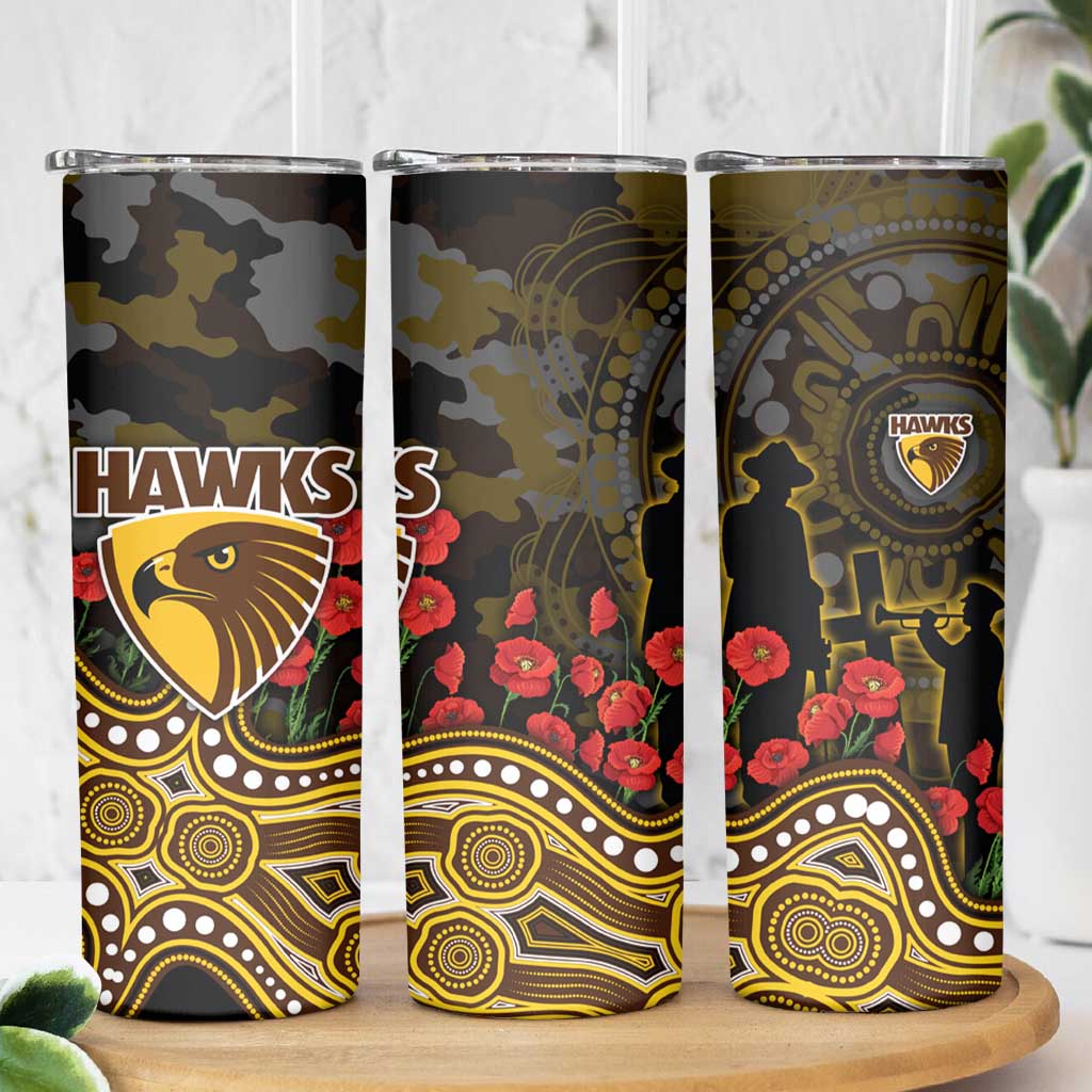 Hawthorn Hawks ANZAC Day Skinny Tumbler Indigenous Dot Art with Poppy Flower Tribute