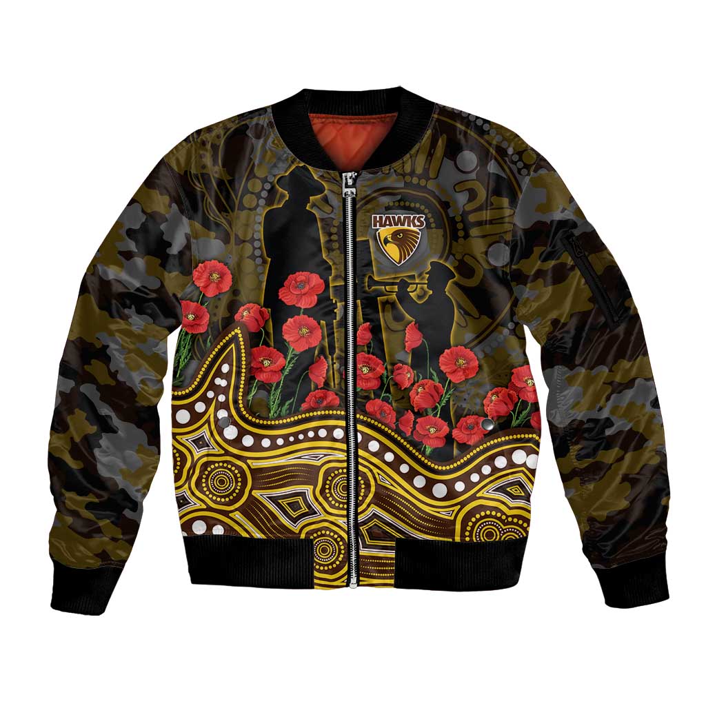 Hawthorn Hawks ANZAC Day Sleeve Zip Bomber Jacket Indigenous Dot Art with Poppy Flower Tribute