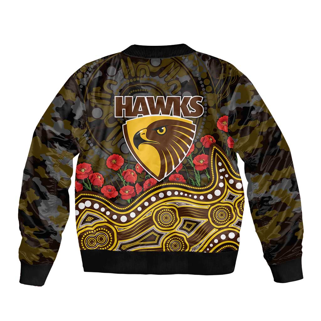 Hawthorn Hawks ANZAC Day Sleeve Zip Bomber Jacket Indigenous Dot Art with Poppy Flower Tribute