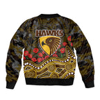 Hawthorn Hawks ANZAC Day Sleeve Zip Bomber Jacket Indigenous Dot Art with Poppy Flower Tribute