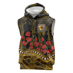 Hawthorn Hawks ANZAC Day Sleeveless Hoodie Indigenous Dot Art with Poppy Flower Tribute