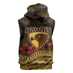 Hawthorn Hawks ANZAC Day Sleeveless Hoodie Indigenous Dot Art with Poppy Flower Tribute