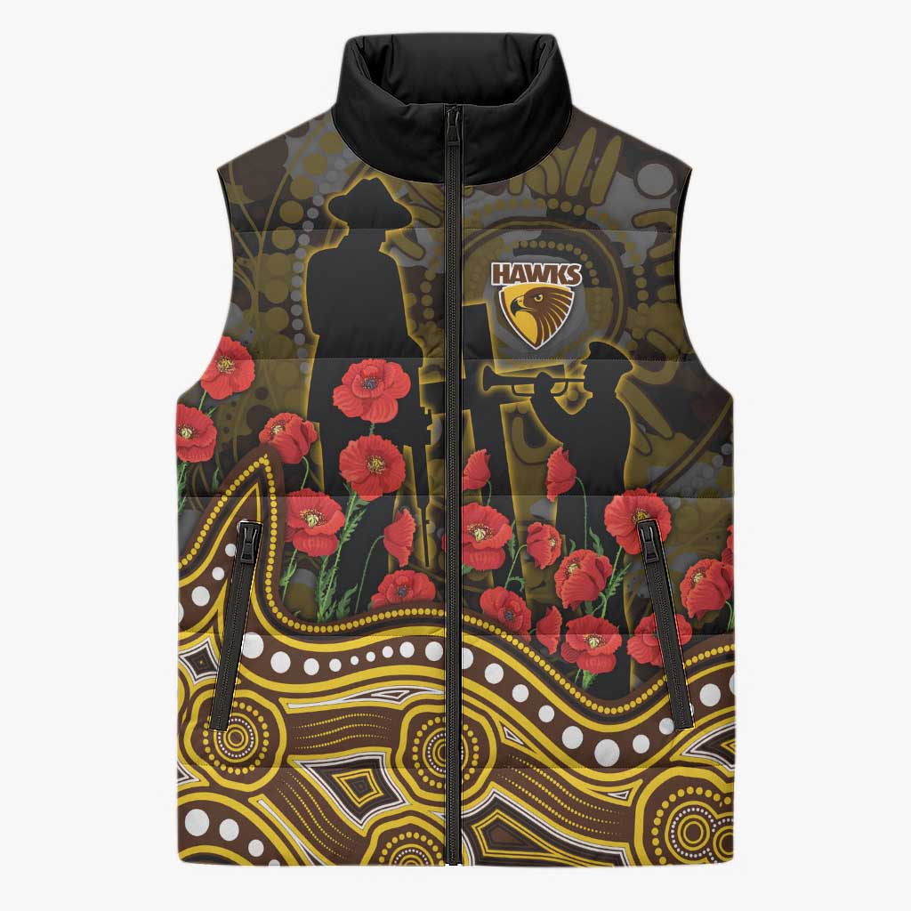 Hawthorn Hawks ANZAC Day Sleeveless Puffer Jacket Indigenous Dot Art with Poppy Flower Tribute