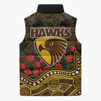 Hawthorn Hawks ANZAC Day Sleeveless Puffer Jacket Indigenous Dot Art with Poppy Flower Tribute