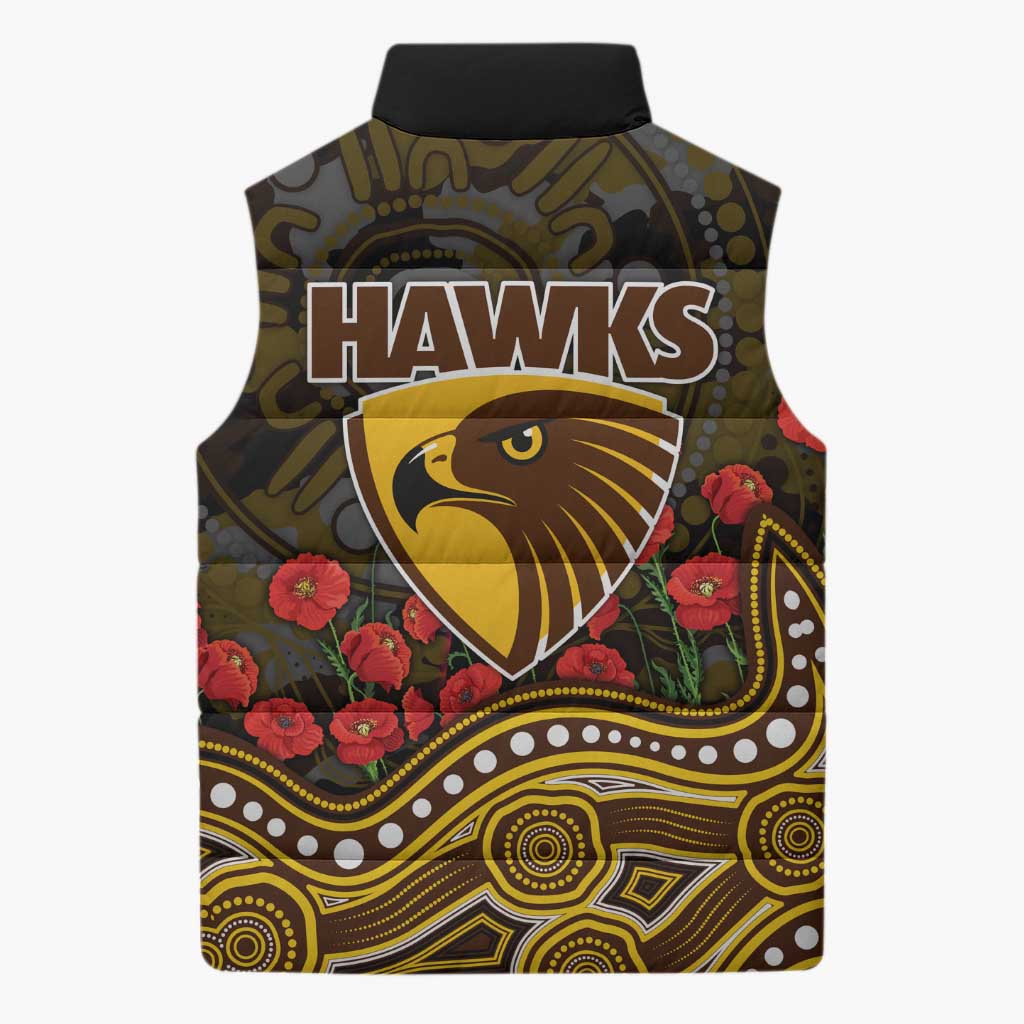 Hawthorn Hawks ANZAC Day Sleeveless Puffer Jacket Indigenous Dot Art with Poppy Flower Tribute