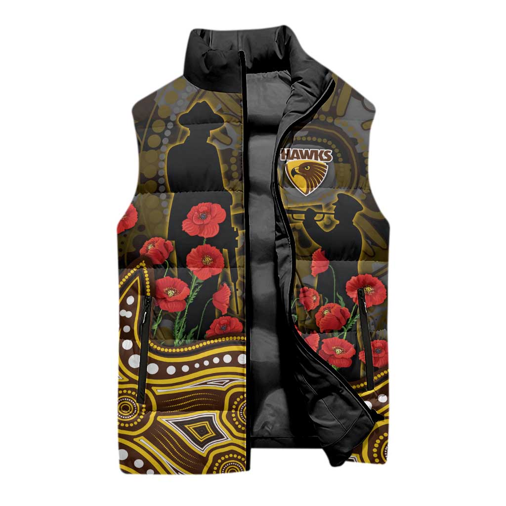 Hawthorn Hawks ANZAC Day Sleeveless Puffer Jacket Indigenous Dot Art with Poppy Flower Tribute