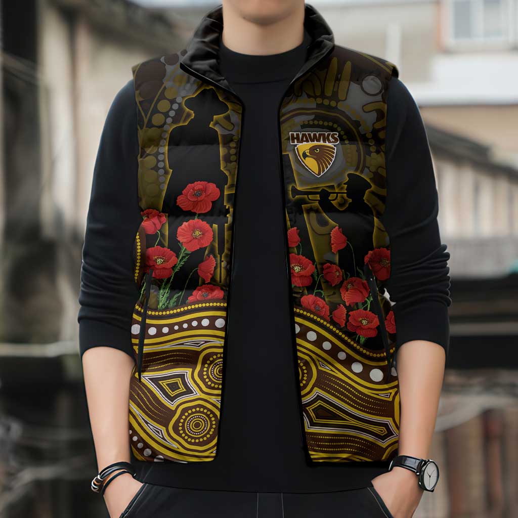 Hawthorn Hawks ANZAC Day Sleeveless Puffer Jacket Indigenous Dot Art with Poppy Flower Tribute