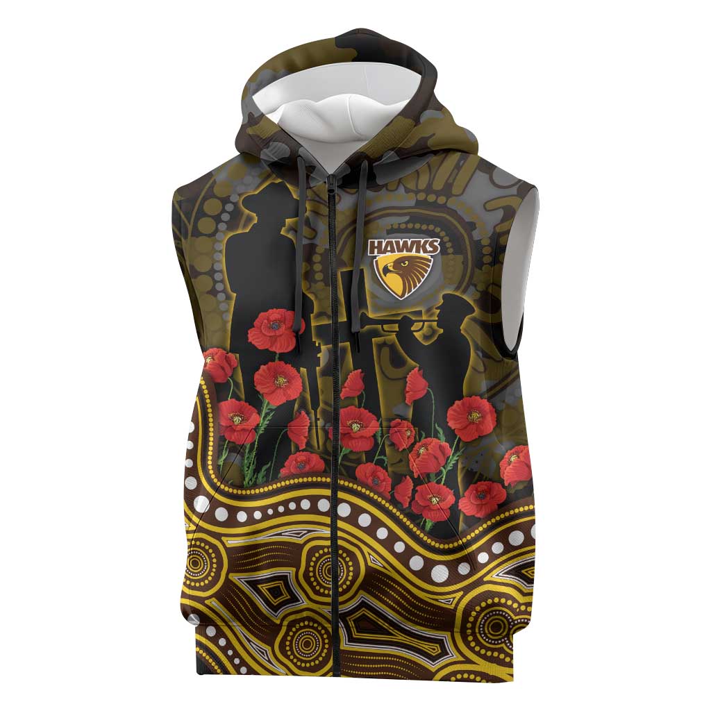 Hawthorn Hawks ANZAC Day Sleeveless Zip Hoodie Indigenous Dot Art with Poppy Flower Tribute