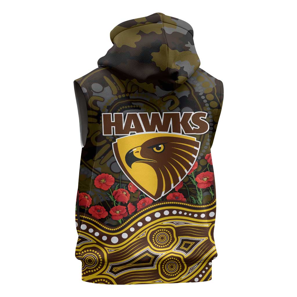 Hawthorn Hawks ANZAC Day Sleeveless Zip Hoodie Indigenous Dot Art with Poppy Flower Tribute