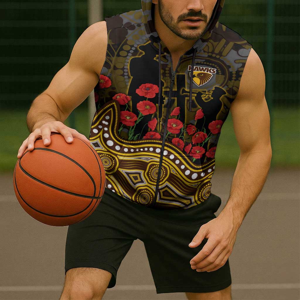 Hawthorn Hawks ANZAC Day Sleeveless Zip Hoodie Indigenous Dot Art with Poppy Flower Tribute