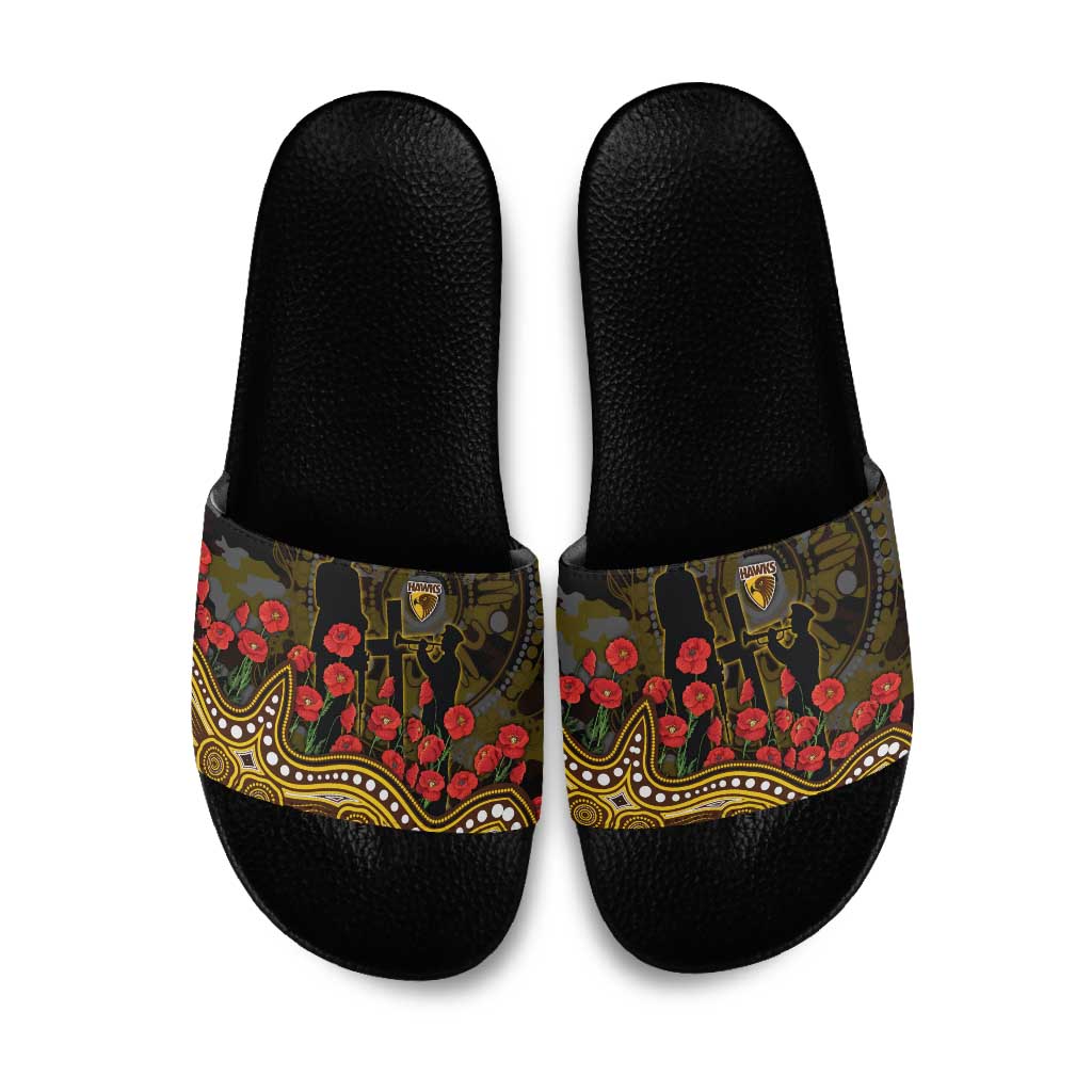 Hawthorn Hawks ANZAC Day Slide Sandals Indigenous Dot Art with Poppy Flower Tribute