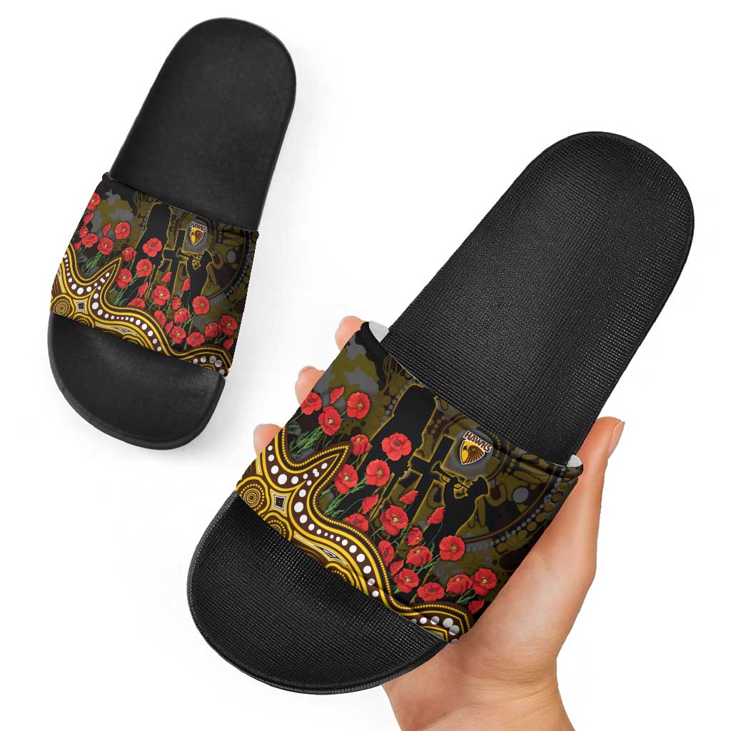 Hawthorn Hawks ANZAC Day Slide Sandals Indigenous Dot Art with Poppy Flower Tribute