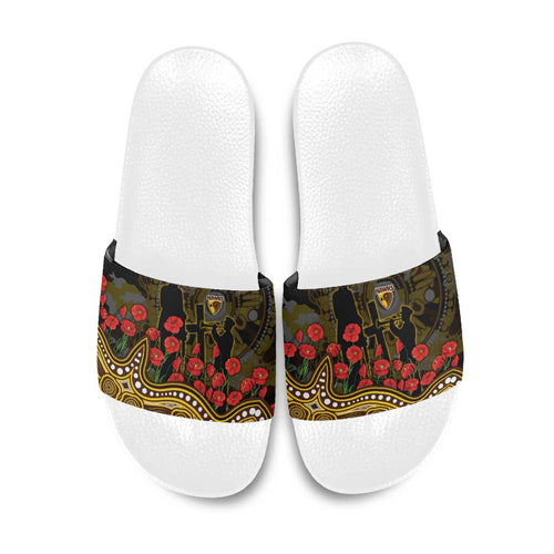 Hawthorn Hawks ANZAC Day Slide Sandals Indigenous Dot Art with Poppy Flower Tribute